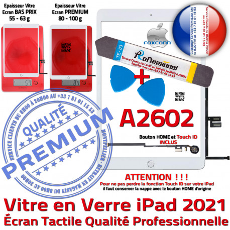 PACK iPad 2021 A2602 B Nappe Qualité Bouton Oléophobe Adhésif Precollé Tactile Réparation Blanche KIT Verre HOME Vitre Outils PREMIUM