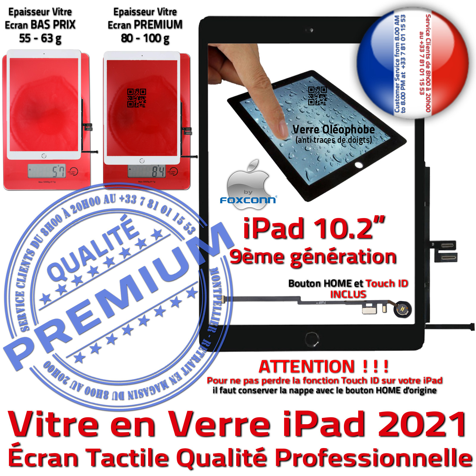 Vitres Tactiles Adhésif Monté en Verre Oléophobe Tablette iPad 9