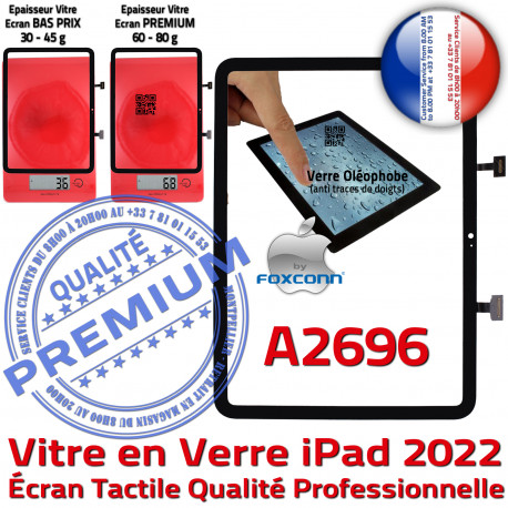 iPad 2022 A2696 Noir Tablette Professionnelle Nappe Qualité Dorée Verre Oléophobe Vitre Tactile Réparation Écran Adhésif Monté