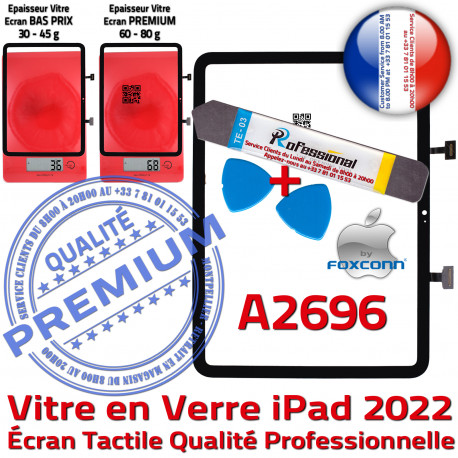 KIT iPad 2022 A2696 Noir Adhésif Ecran Vitre Tablette Monté Tactile Réparation Professionnelle Verre PACK Oléophobe Qualité