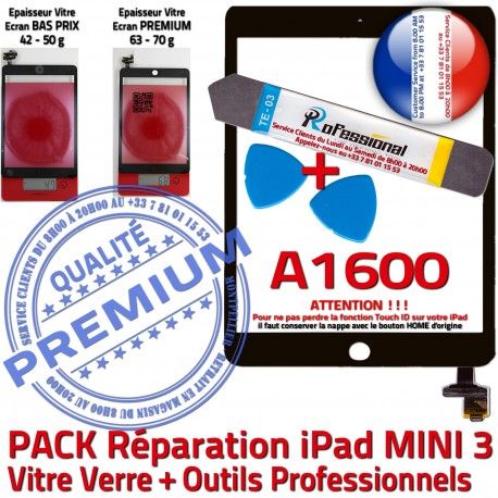 PACK iPad Mini 3 A1600 N KIT ID PREMIUM Precollé Adhésif Qualité Outils Vitre MINI Réparation Verre Tactile Touch Tablette Noire Attention