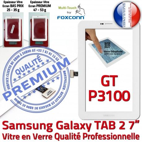 GT-P3100 TAB2 Blanc P3100 Assemblée Qualité Blanche Vitre Ecran 2 Prémonté Samsung GT Verre LCD TAB Tactile Supérieure inch Galaxy 7 PREMIUM Adhésif