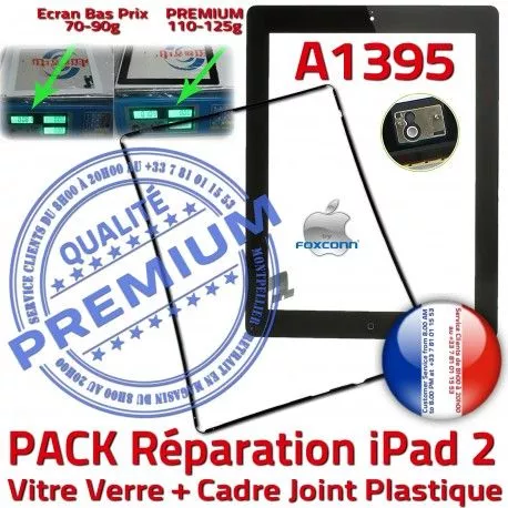 PACK iPad 2 A1395 Joint N Cadre PREMIUM Chassis Tablette HOME Apple Bouton Tactile KIT Réparation Vitre iPad2 Adhésif Verre Noire Precollé